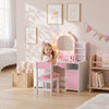 Qaba Kids Vanity Set with Lighted Bow Mirror, Toddler Dressing Table and Chair Set with Cabinet, Drawer and Shelves, Pretend Makeup Playset for Girls 3-8 Years Old, Pink