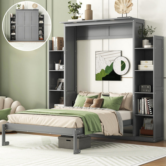 Aiden Murphy Bed with Shelves and LED Lights,Full Size,Grey Full Bed