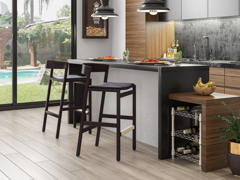 Klismos Mid-Century Modern Wood Upholstered Barstool in Black - Set of 3
