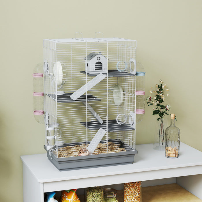 PawHut Hamster Cage, 4-Level Small Animal House with Excerise Wheel, Food Bowl, Water Bottle, House, Tunnels, Ramps, Gerbil Cage for Dwarf Hamster, 18.5\" x 12\" x 28\", Grey
