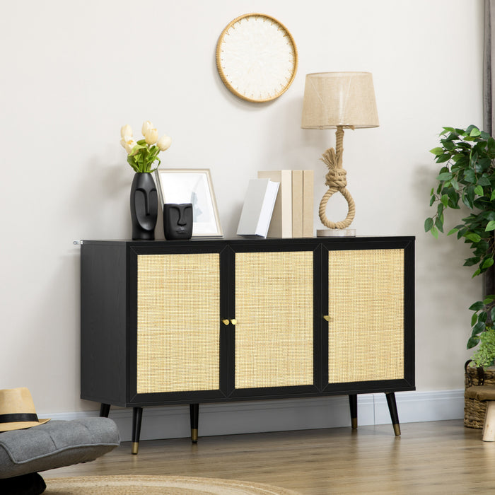 HOMCOM Boho Sideboard Buffet Cabinet with Decorative Rattan Doors, Black