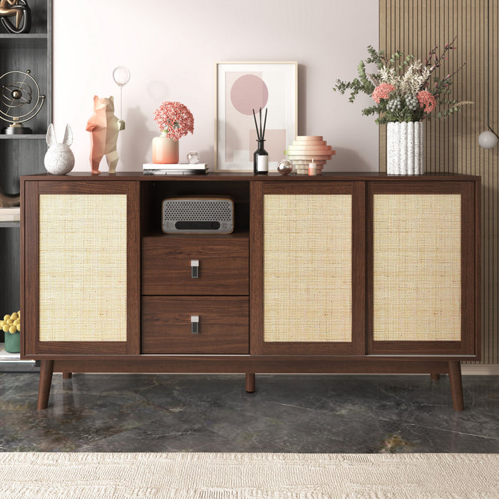 Oliver 61\" Sideboard Cabinet with Rattan Sliding Doors and Drawers,Dark Brown Accent Cabinet