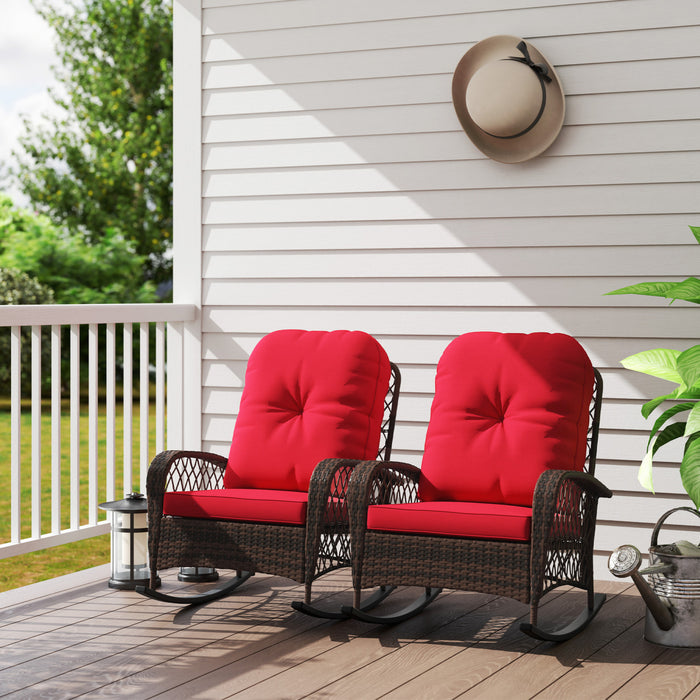 Outsunny 2 Pcs Rattan Rocking Chair With Soft Cushion For Garden, Red