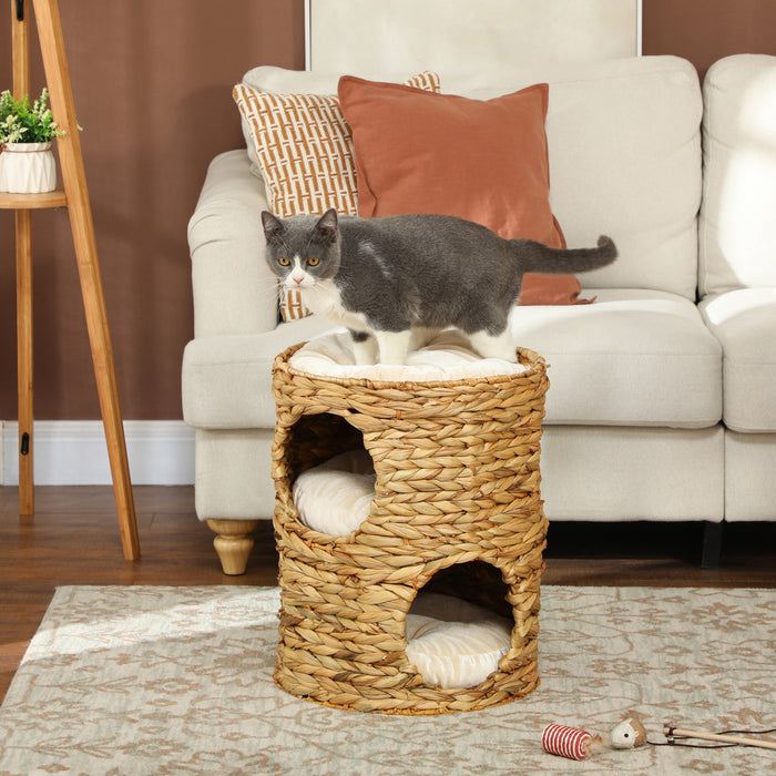 Pawhut Cat Condo Barrel, 2-storey Cat Tree Tower With Top Perch And 2 Hideaways, 2 Entrances, 3 Cushions, For Indoor Kittens, Light Brown