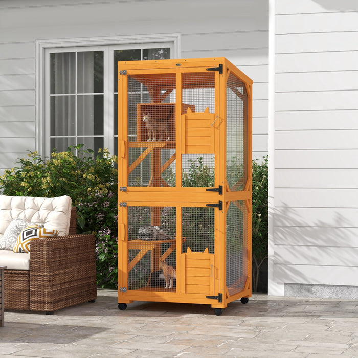 Pawhut 71\" H Large Catio Outdoor Cat Enclosure, Wooden Kitten House For Patio, Elevated Design With Wheels, Resting Box, Water-resistant, Multi Platforms, For 1-3 Cats, Orange