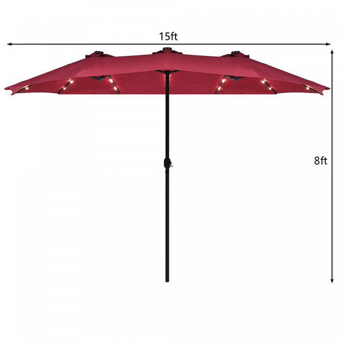 Costway 15Ft Patio Double-Sided Solar LED Market Umbrella Crank Burgundy