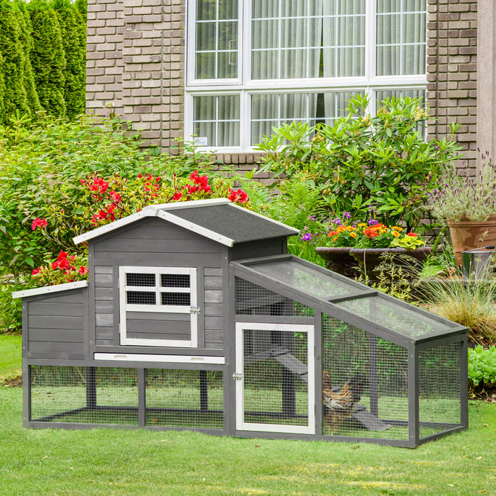 PawHut 79\" Wooden Chicken Coop, Outdoor Hen House, Poultry Habitat with Removable Tray, Nesting Box, Run, Ramp, Grey