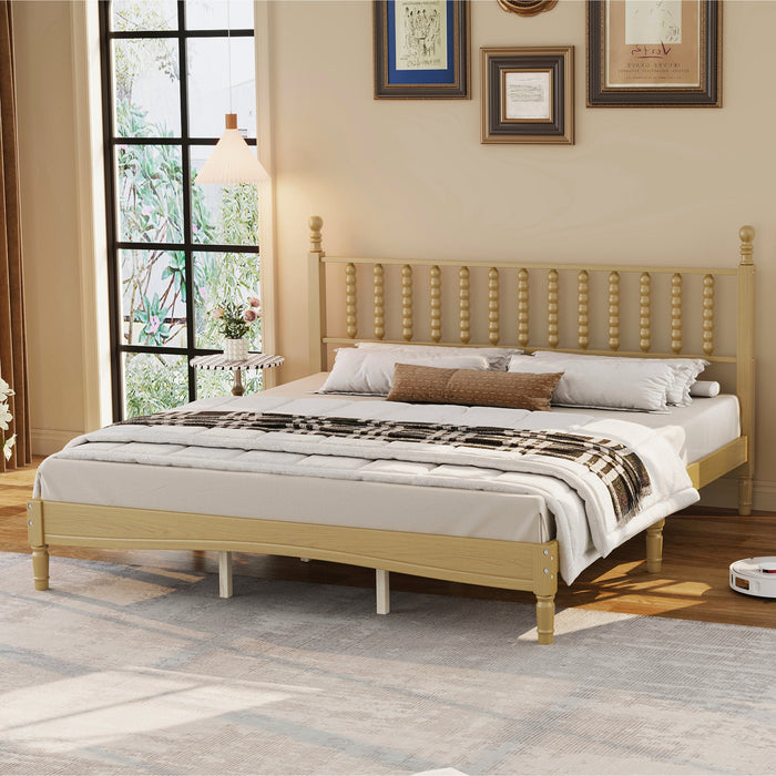 Oliver Retro Wood Platform Bed with Gourd Shaped Headboard and Sturdy Wooden Slat Support,King Size,Natural King Bed