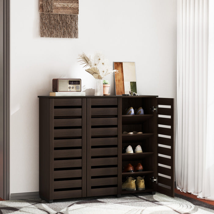 HOMCOM Narrow Shoe Cabinet for Entryway with 3 Slatted Doors, Dark Brown