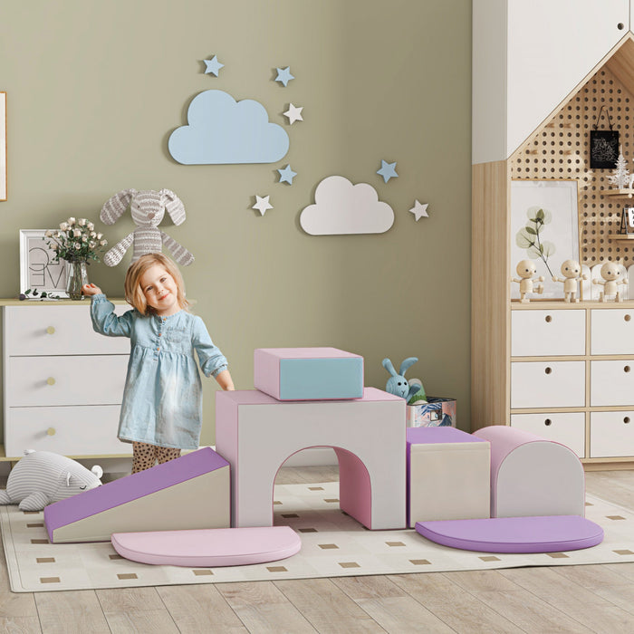 Qaba 7-piece Soft Play, Foam Climbing Blocks For Toddlers, Kids' Educational Climbing Crawling Toys, Kids Foam Play Set Stairs And Ramp,pink/purple