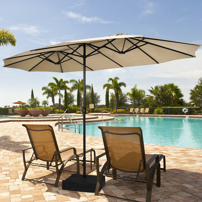 Costway 15FT Double-Sided Twin Patio Umbrella Outdoor Market with Crank & Base Beige
