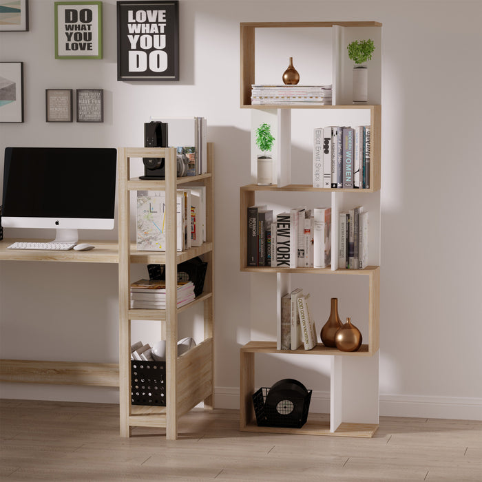 HOMCOM Geometric Bookcase, 5-Tier S Shaped Bookshelf, Natural and White