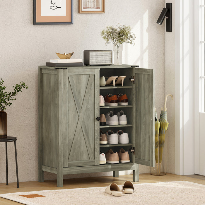 HOMCOM Shoe Cabinet with Barn Doors, Farmhouse Shoe Storage Cabinet, Grey