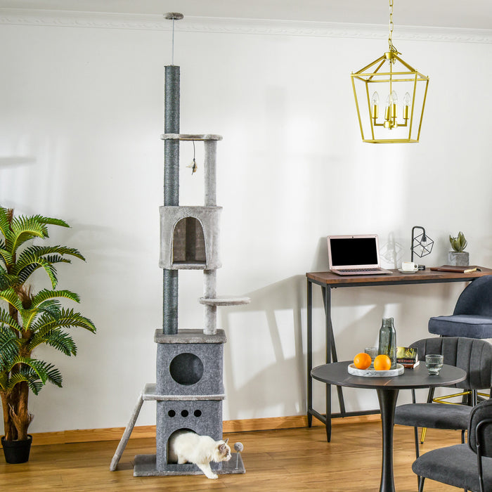 Pawhut 89\"-100\" Floor To Ceiling Cat Tree 6-tier Cat Climbing Tower Adjustable High With Scratching Post Board, Ramp, Cat Condo, Perch, Toy Ball, For Indoor Cat, Light Grey