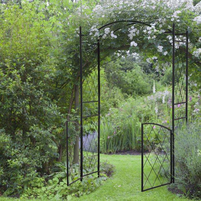 Outsunny 7ft Metal Garden Arch With Gate Climbing Planter Frame Backyard Decor For Vines Morning Glory Black