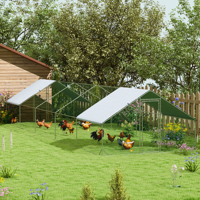 Pawhut Metal Chicken Coop, Walk-in Large Chicken Run, Poultry Cage For 30-40 Hen, Duck, Rabbit With Water- And Uv-protection Cover, For Backyard, Garden, 9.8' X 32.8' X 6.4'