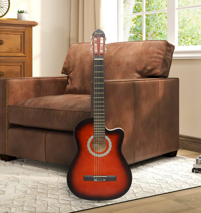Soozier 39.5 Inch Electric Guitar Kit, Classic Acoustic Guitar for Beginner with Nylon/Steel Strings, Beige Strap, 3 Picks and Case Bag, Wine Red