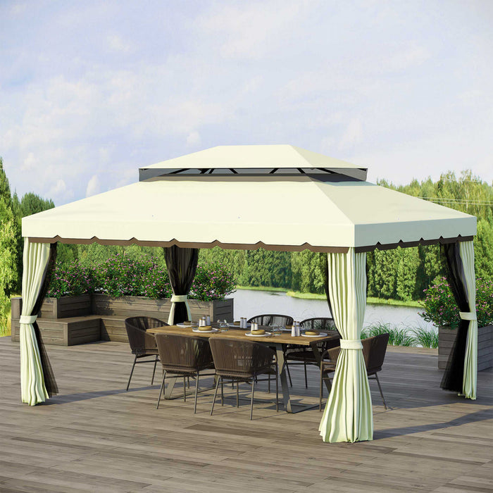 Outsunny 10 X 13ft Aluminum Frame Gazebo Canopy Double Tier Garden Shelter With Netting And Curtains, Cream White