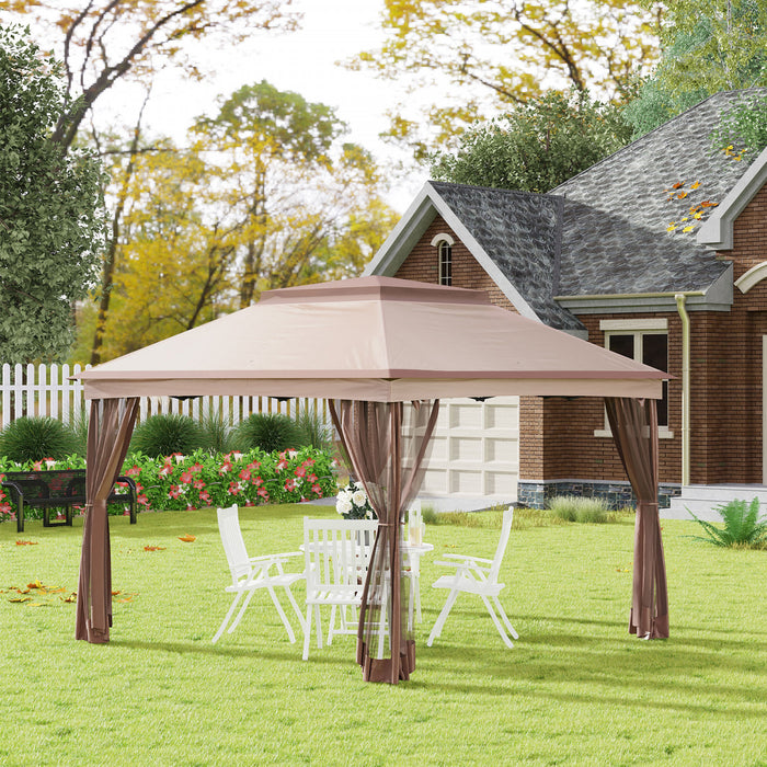 Outsunny 11' X 11' Pop Up Canopy, Outdoor Canopy Shelter Event Tent With 2-tier Soft Top, Removable Zipper Netting, And Storage Bag, For Patio, Backyard, Garden, Khaki