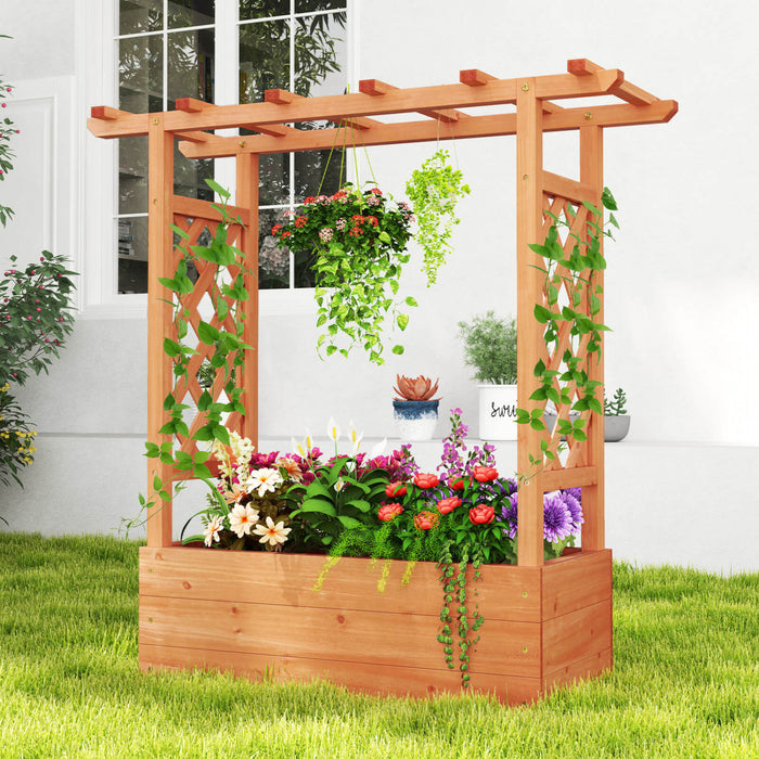 Costway 1 Pcs Wooden Raised Garden Bed With Trellis & Hanging Roof Drainage Elevated Planter Box