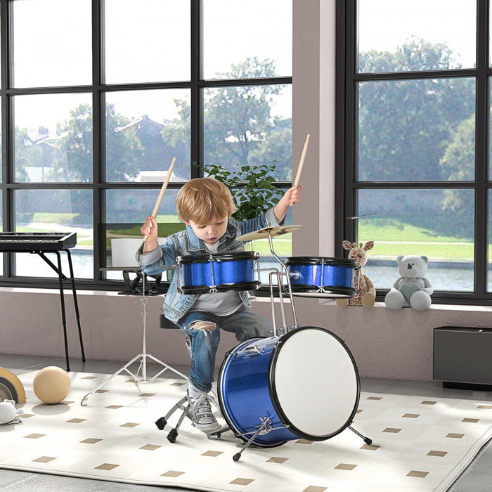 Qaba 7 Piece Drum Set With Throne, Kids Drum Set With Adjustable Cymbal, Pedal, Drumsticks, Junior Drum Set For Toddlers 3-6 Years, Blue