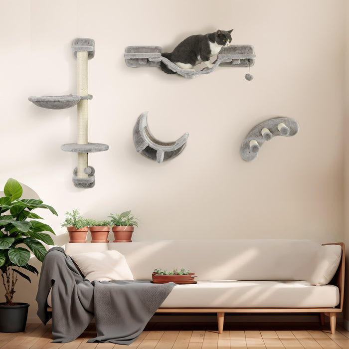 Pawhut Cat Wall Shelf With Scratching Post, Jumping Platform With Soft Ladder, Cat Wall Shelves For Relaxing, Sleeping, Climbing, Cat Wall With Soft Hammock And Play Balls, Grey