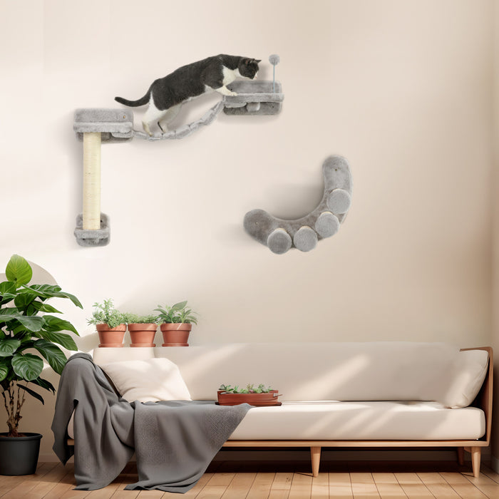 Pawhut Cat Wall Shelf With Scratching Post, Cat Wall Shelves For Relaxing, Climbing, Double Platforms Cat Wall With Soft Ladder And Play Balls, Grey