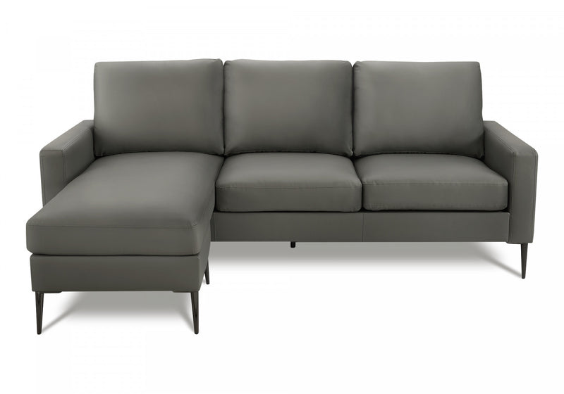 Upholstered Chaise Sofa Lounger, 85\" Wide, Dark Grey Leather Look, Black Metal Legs Sofa