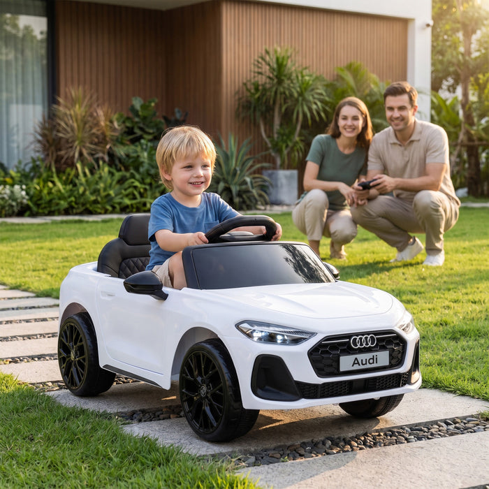 Qaba 12V Ride on Car Audi A5L Licensed Electric Car for Kids with Remote Control, Dual Motors, 4-Wheel Suspension, Soft Start, 2 Doors, LED Lights, Music, USB for 3-6 Years, White