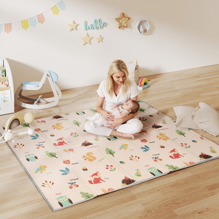Qaba Baby Play Mat Double-Sided, Extra Large 71\" x 59\" Foldable Playmat Waterproof, Reversible Foam Soft Crawling Mat for Bedroom, Nursery, Playroom, Alphabet and Animal Theme
