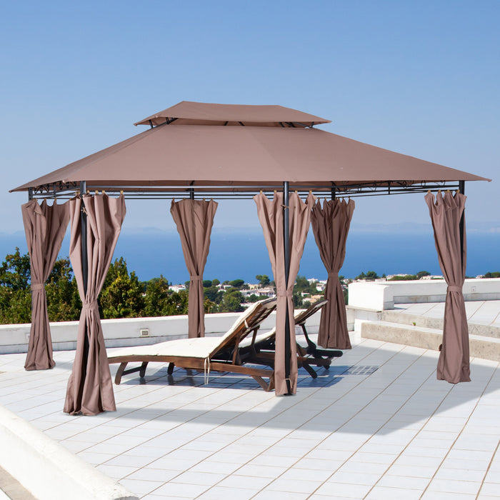 Outsunny 10' X 13' Patio Gazebo, Outdoor 2-tiers Garden Canopy Yard Sunshade Shelter With Curtains, Khaki
