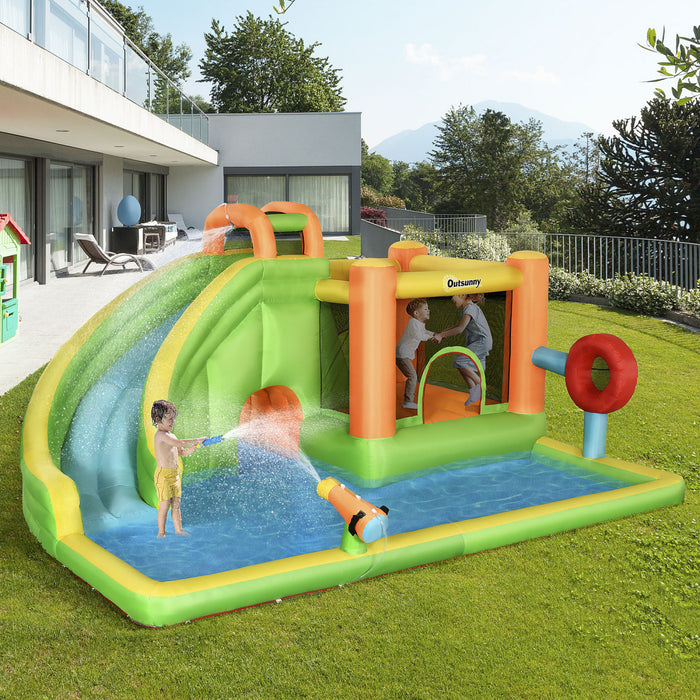Outsunny 8-in-1 Inflatable Water Slide, Kids Castle Bounce House Includes Slide, Trampoline, Pool, Water Gun, Ball-target, Boxing Post, Tunnel With Carry Bag, 750w Air Blower