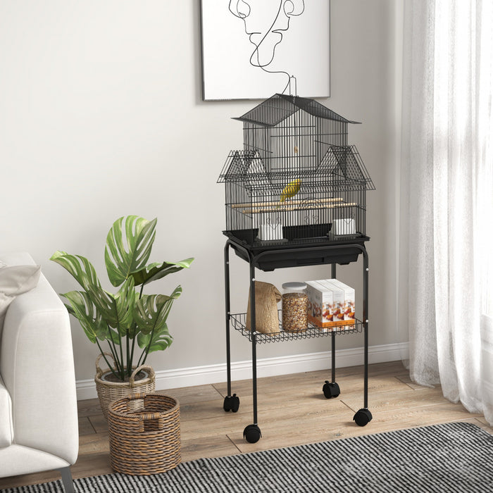 Pawhut 48\" Bird Cage For Finches, Canaries, Budgies, Indoor Parrot Cage With Perch, Swing, Food Container, Slide-out Tray, Handle, Stand, Bottom Shelf, Black