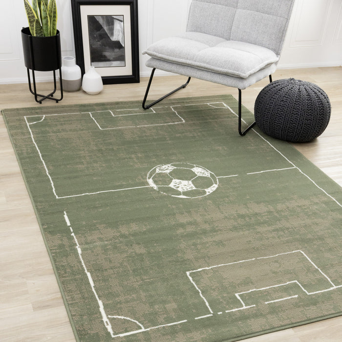 Florence Green Brown White Soccer Field Rug, 6'7\" x 9'6\" Indoor Area Rug
