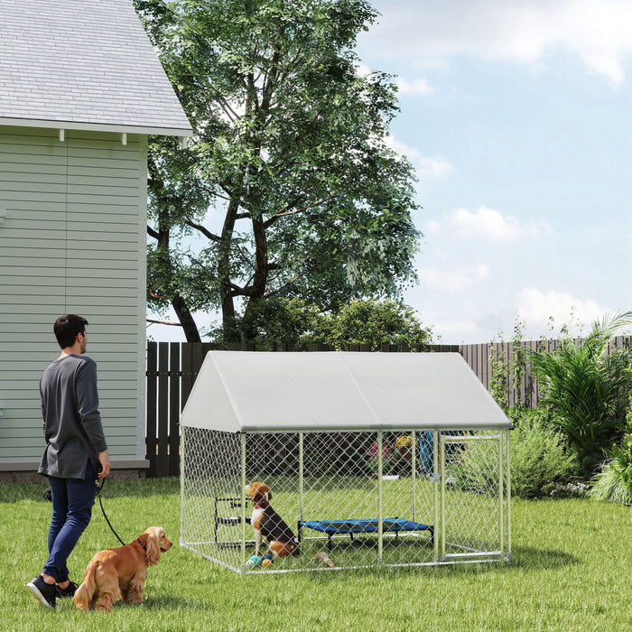 Pawhut Large Dog Kennel With Roof And Safety Lockable Latch, Heavy-duty Galvanized Steel Dog Run Chain Link W/ Waterproof Uv-resistant Cover, 7' X 5.9' X 5.1'