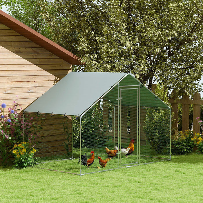 PawHut Metal Chicken Coop, 9.8 x 5.6 FT Walk-in Chicken Run with Weatherproof UV Cover, Lockable Door, Large Outdoor Poultry Cage for 5-8 Chickens, for Farm, Yard, Garden, Silver
