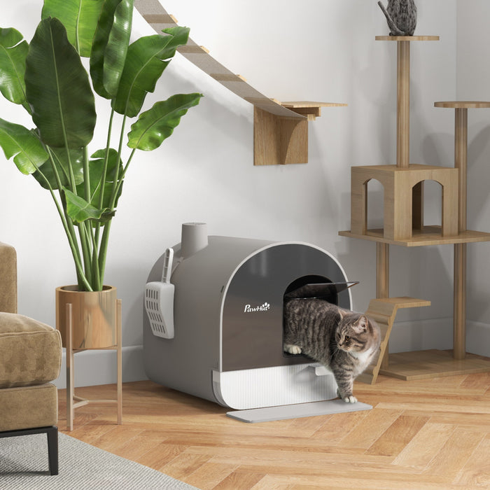 Pawhut Cat Litter Box With Lid, Enclosed Kitty Litter Box With Removable Tray, Scoop, Filter, Light Grey