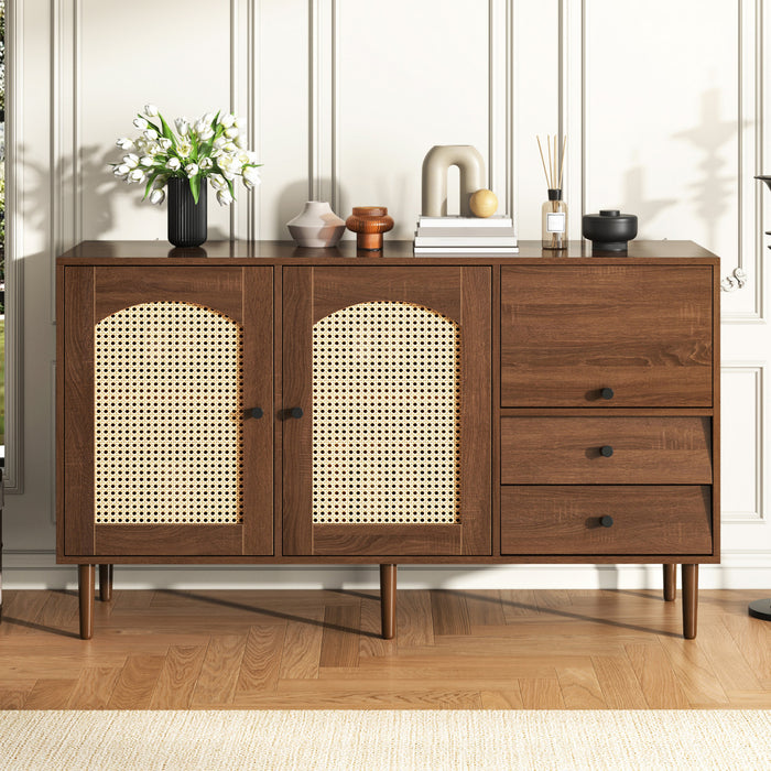 Zona 51.1\" Sideboard Cabinet with Rattan Doors and Adjustable Shelves,Dark Brown Accent Cabinet