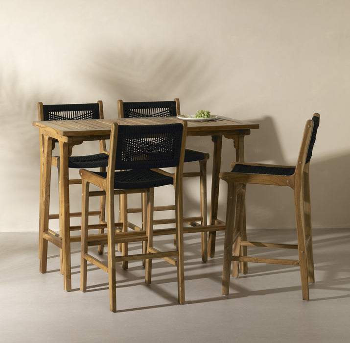 Agave Teak Bar Dining Table And Set Of 4 Woven Rope Bar Stools - Black And Natural 