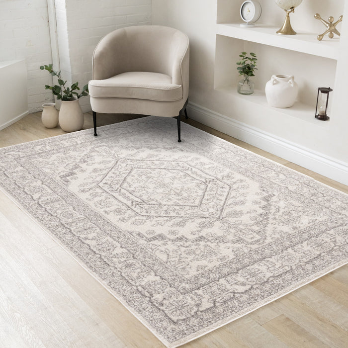Fallon White Grey Elegant Faded Traditional Rug, 6'7\" x 9'6\" Indoor Area Rug