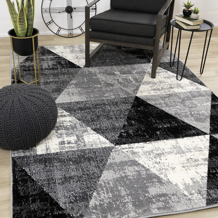 Covington Black White Grey Distressed Geometric Triangle Rug, 7'10\" x 10'6\" Indoor Area Rug
