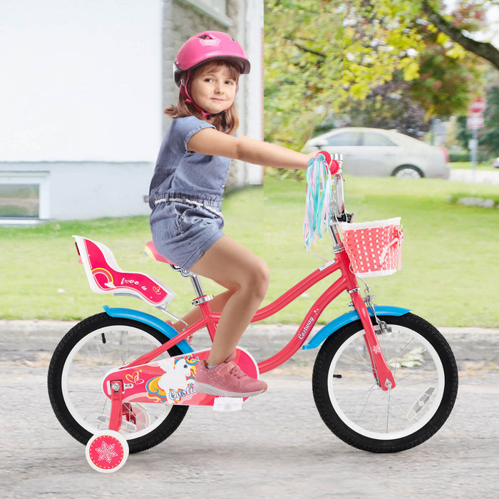 Costway 16\" Kids Bike With Basket Doll Seat & Colorful Streamers 2 Training Wheels Pink