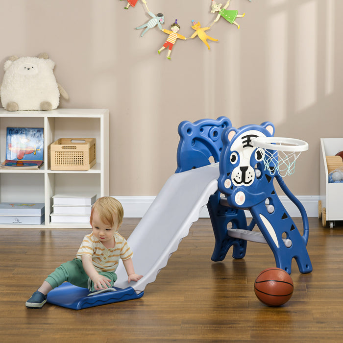 Qaba 2 In 1 Toddler Slide For Indoor, Easy Set Up Kids Slide Playset With Basketball Hoop For 18-36 Months, Tiger-designed Indoor Slide, Blue