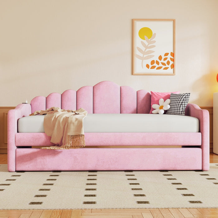Lily Upholstered Daybed with Trundle and USB Charging Ports,Twin Size,Pink Twin Bed