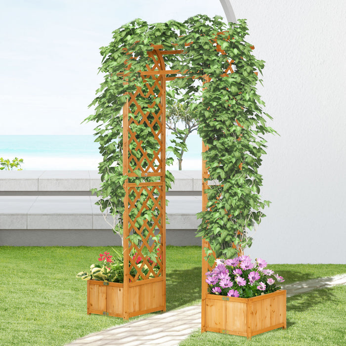 Outsunny 7.7ft Garden Arch With Planter Boxes Wooden Trellis Arbor, Brown