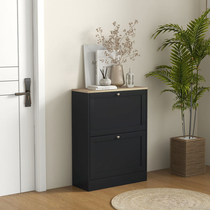 HOMCOM Slim Shoe Cabinet with 2 Flip Drawers Adjustable Shelves Black