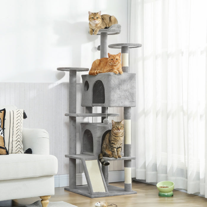 PawHut 63\" Cat Tree, Cat Tower for Indoor Cats with Scratching Posts, Cat Condos, Bed, Platforms, Ramp, Toy Ball, Cat Activity Center, Light Grey