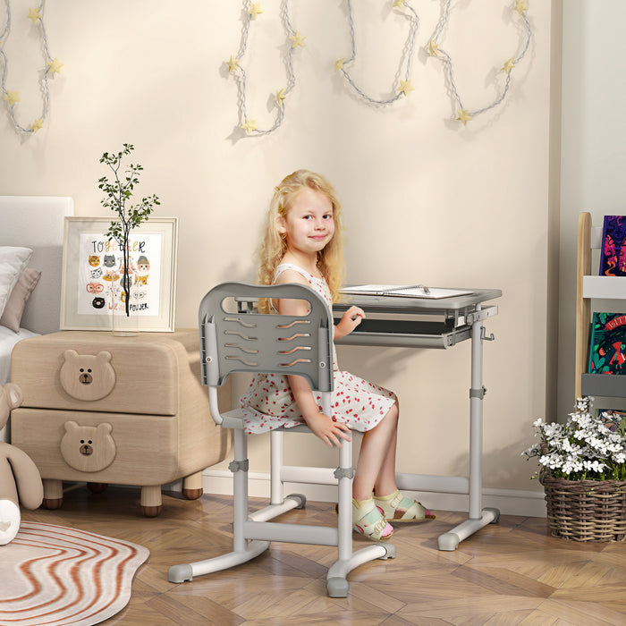 Qaba Kids Desk And Chair Set, Height Adjustable Study Table And Chair Set With Drawer, Pen Slot, Tiltable Desktop, Hook, Grey