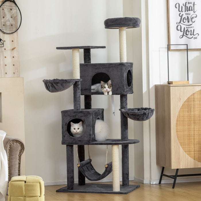 PawHut Cat Tree, 66 Inch Large Cat Tower with 2 Door Condos, 3 Big Hammocks, Plush Top Perch, Sisal Scratching Posts, Multi-level Kitty Tree for Indoor Kittens, Dark Grey