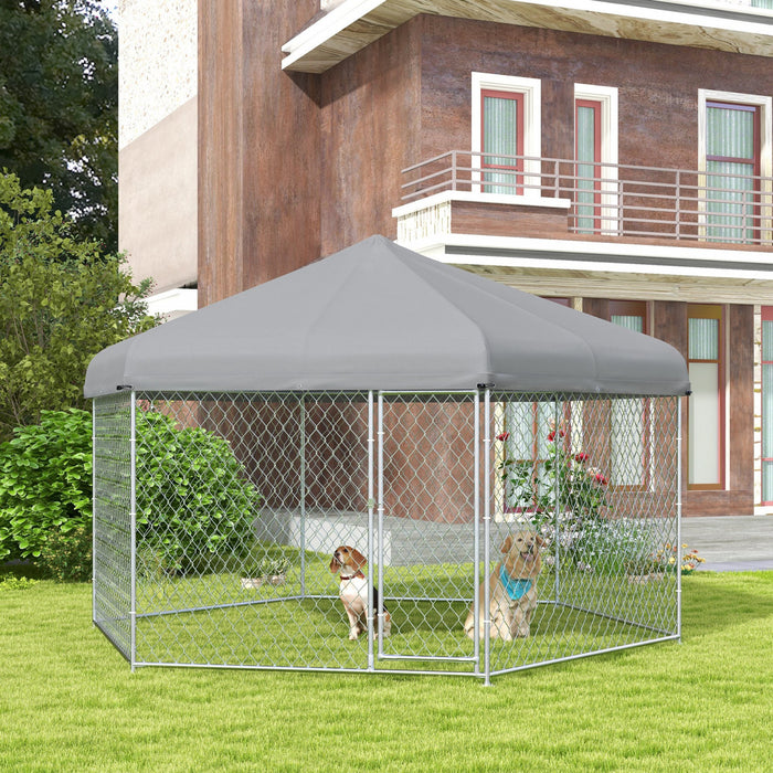 Pawhut Outdoor Dog Kennel Dog Run With Waterproof, Uv Resistant Cover For Medium And Large Sized Dogs, 13.4' X 11.5' X 8.8', Silver